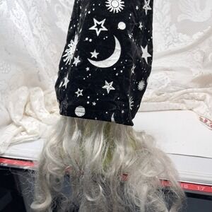Whimsical Celestial Wizard Gnome Hat Black Velvet Moon Stars Silver Beard